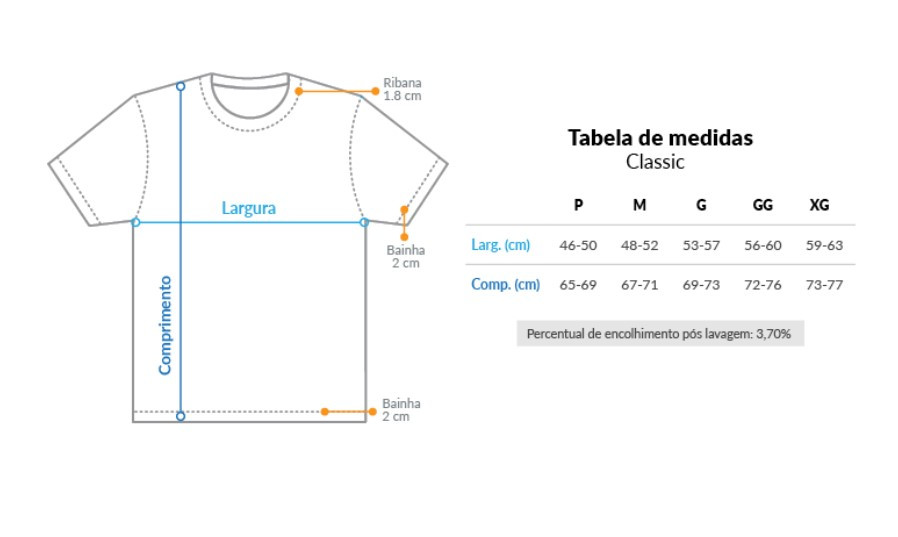 Medidas aproximadas das camisetas / t-shirt da linha quality